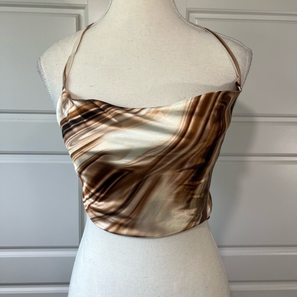 SHEIN Petite XS Shiny Brown Swirl Print Halter Crop Top Satin Summer‎ Festival